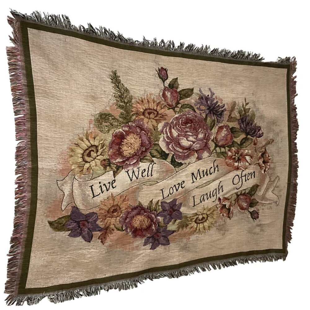 Collections Floral Tapestry Throw Blanket "Live Well Love Much Laugh Often" 64x5